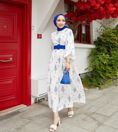 White with blue long dress