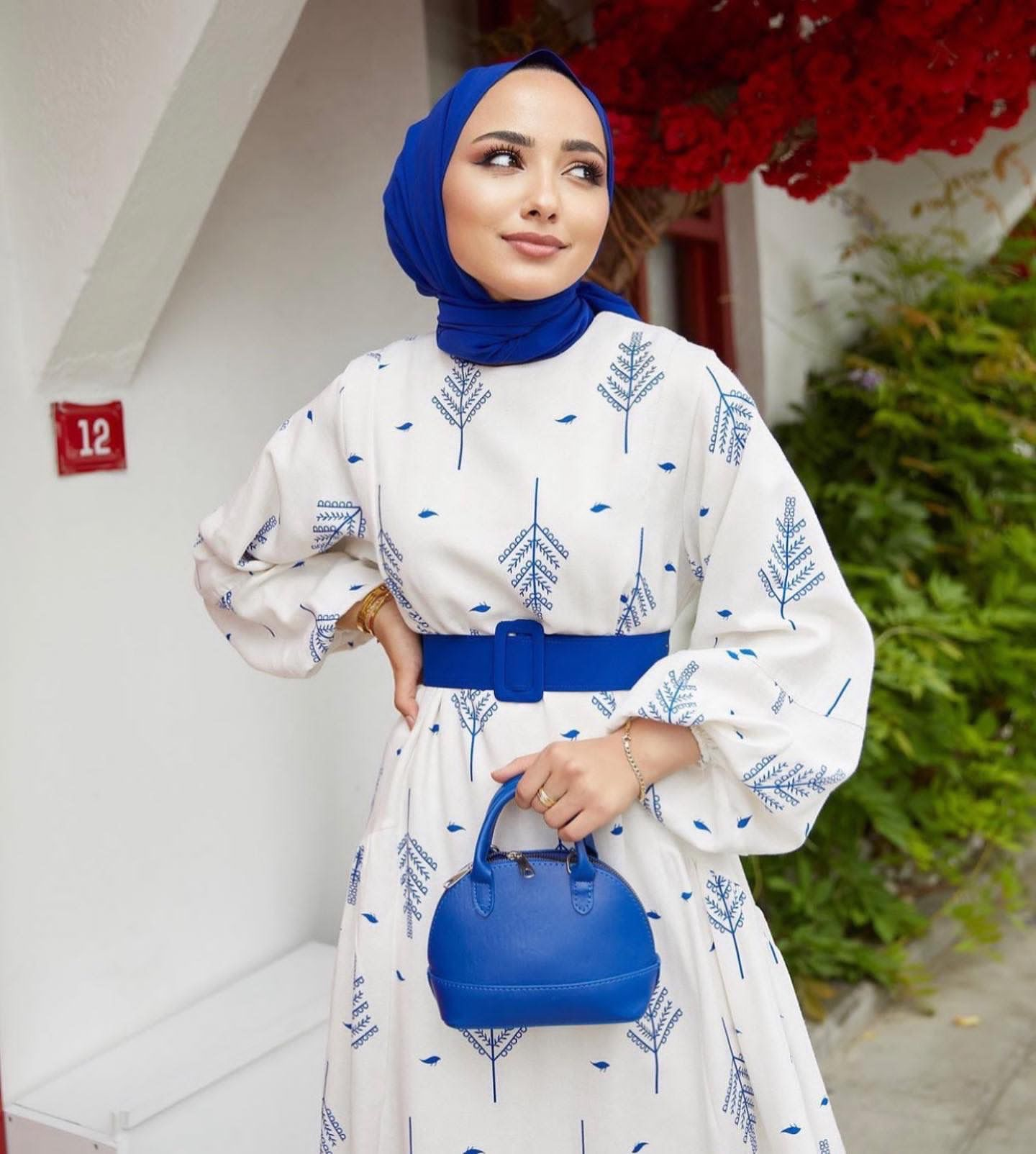 White with blue long dress